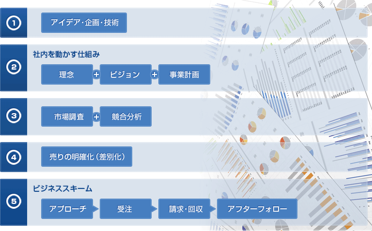 1.アイデア・企画・技術 2.社内を動かす仕組み(理念+ビジョン+事業計画) 3.市場調査+競合分析 4.売りの明確化(差別化) 5.ビジネススキーム(アプローチ→受注→請求・回収→アフラーフォロー)